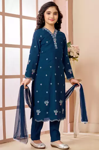 Blue resham embroidery art silk straight cut kids salwar suits