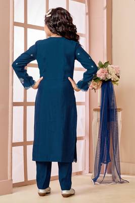 Blue resham embroidery art silk straight cut kids salwar suits 5