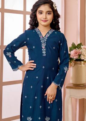 Blue resham embroidery art silk straight cut kids salwar suits 6