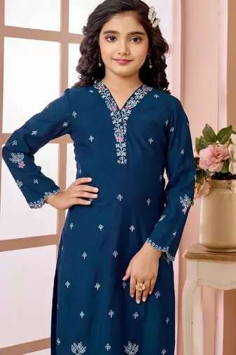 Blue resham embroidery art silk straight cut kids salwar suits