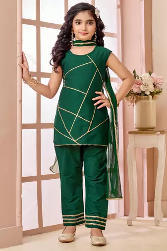 Green  art silk straight cut kids salwar suits