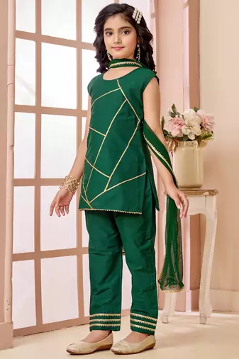 Green  art silk straight cut kids salwar suits