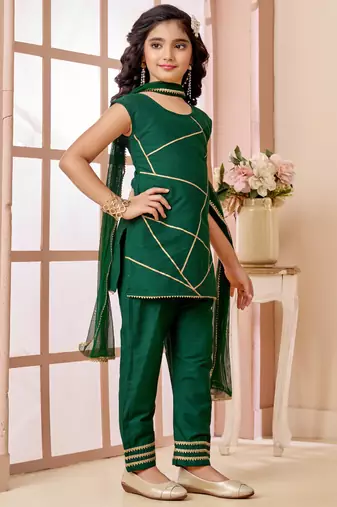 Green  art silk straight cut kids salwar suits
