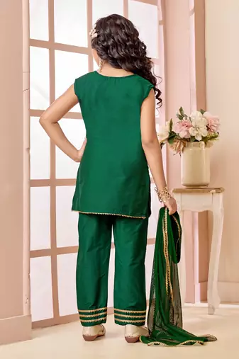 Green  art silk straight cut kids salwar suits