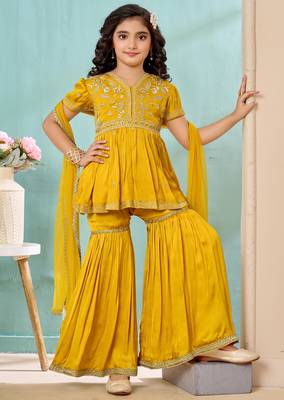 Yellow zariwork modarn satin a line kids salwar suits 1