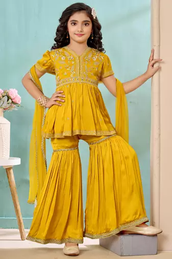 Yellow zariwork modarn satin a line kids salwar suits