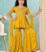Yellow zariwork modarn satin a line kids salwar suits