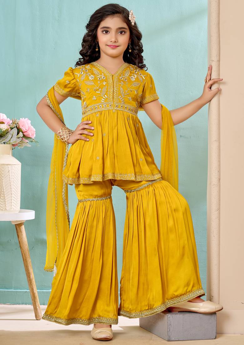 Yellow zariwork modarn satin a line kids salwar suits