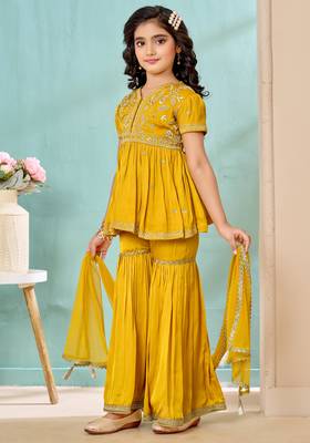Yellow zariwork modarn satin a line kids salwar suits 2