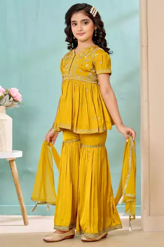 Yellow zariwork modarn satin a line kids salwar suits