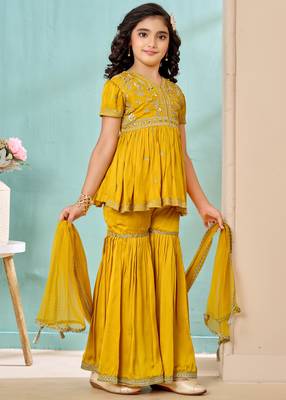 Yellow zariwork modarn satin a line kids salwar suits 3