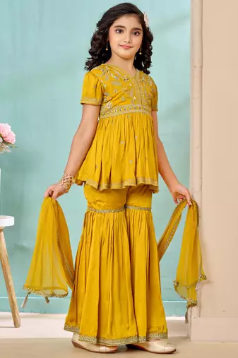 Yellow zariwork modarn satin a line kids salwar suits