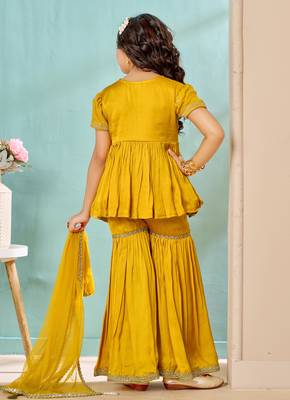 Yellow zariwork modarn satin a line kids salwar suits 4