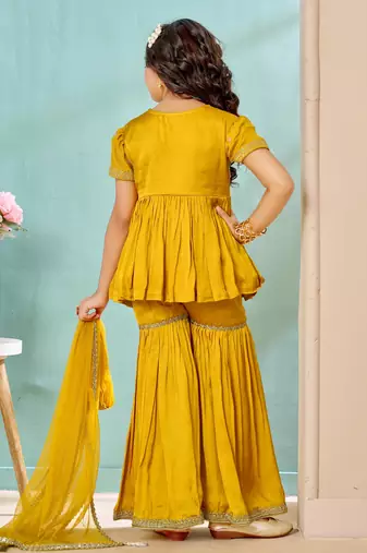 Yellow zariwork modarn satin a line kids salwar suits