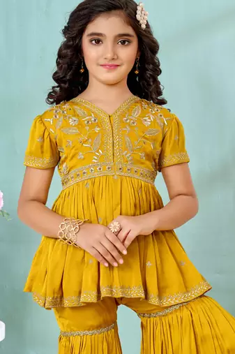 Yellow zariwork modarn satin a line kids salwar suits