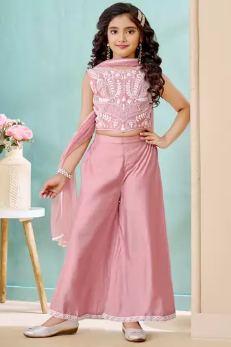Pink thread work art silk straight cut kids salwar suits