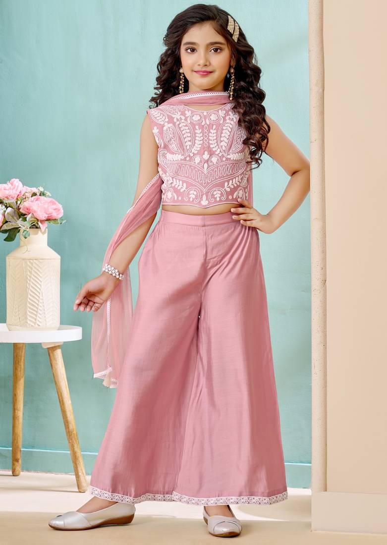 Pink thread work art silk straight cut kids salwar suits