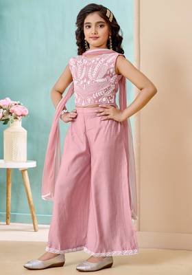 Pink thread work art silk straight cut kids salwar suits 2