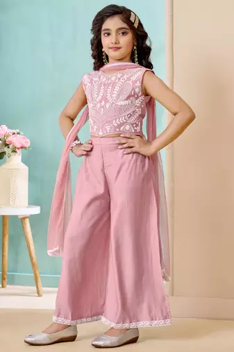 Pink thread work art silk straight cut kids salwar suits