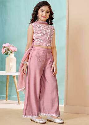 Pink thread work art silk straight cut kids salwar suits 3