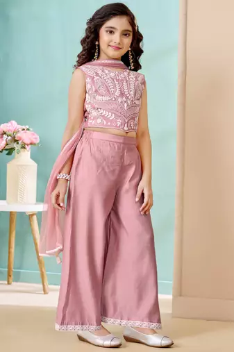 Pink thread work art silk straight cut kids salwar suits