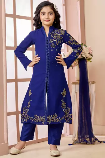 Blue hand embroidery fauxgeorgette straight cut kids salwar suits