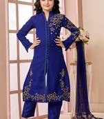 Blue hand embroidery fauxgeorgette straight cut kids salwar suits