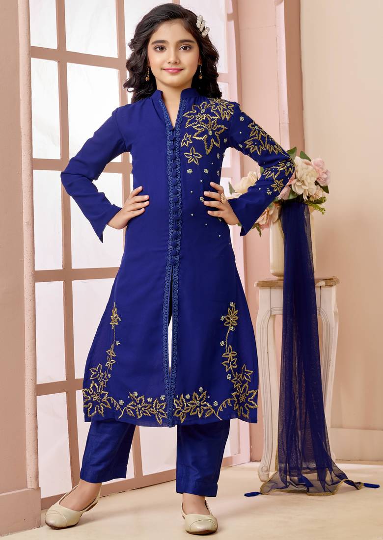 Blue hand embroidery fauxgeorgette straight cut kids salwar suits