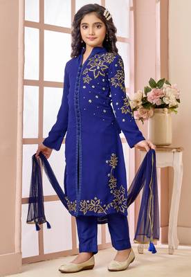 Blue hand embroidery fauxgeorgette straight cut kids salwar suits 2