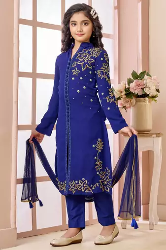 Blue hand embroidery fauxgeorgette straight cut kids salwar suits