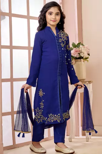 Blue hand embroidery fauxgeorgette straight cut kids salwar suits