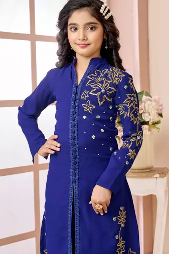Blue hand embroidery fauxgeorgette straight cut kids salwar suits