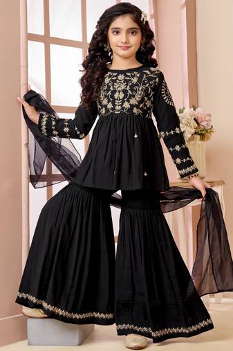 Black zari work art silk a line kids salwar suits