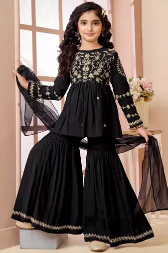 Black zari work art silk a line kids salwar suits
