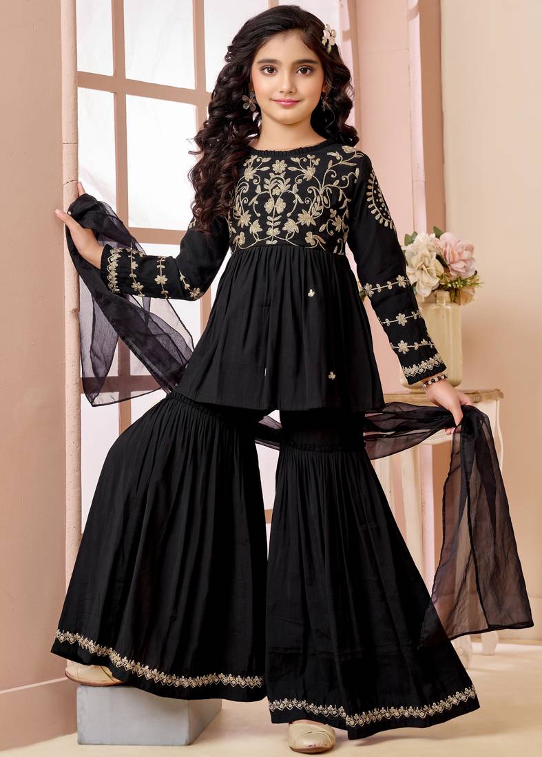 Black zari work art silk a line kids salwar suits