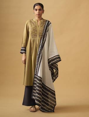 Mustard cotton suit set with embroidered yoke & printed dupatta 1