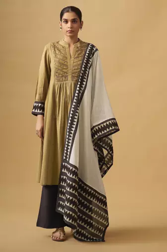 Mustard cotton suit set with embroidered yoke & printed dupatta