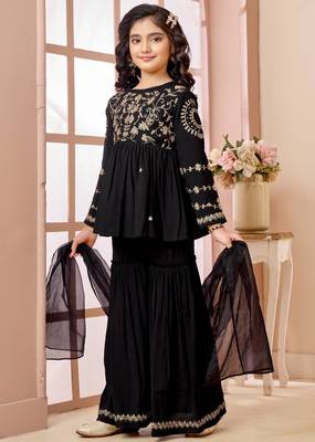 Black zari work art silk a line kids salwar suits 2