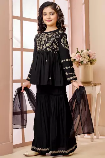 Black zari work art silk a line kids salwar suits