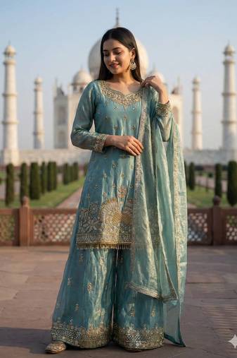 Teal Color Fendy Silk Heavy Embroidery Work Party wear palazzo Pair