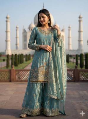 Teal Color Fendy Silk Heavy Embroidery Work Party wear palazzo Pair 1