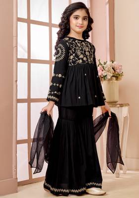 Black zari work art silk a line kids salwar suits 3