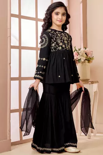 Black zari work art silk a line kids salwar suits