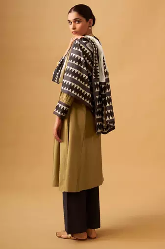 Mustard cotton suit set with embroidered yoke & printed dupatta