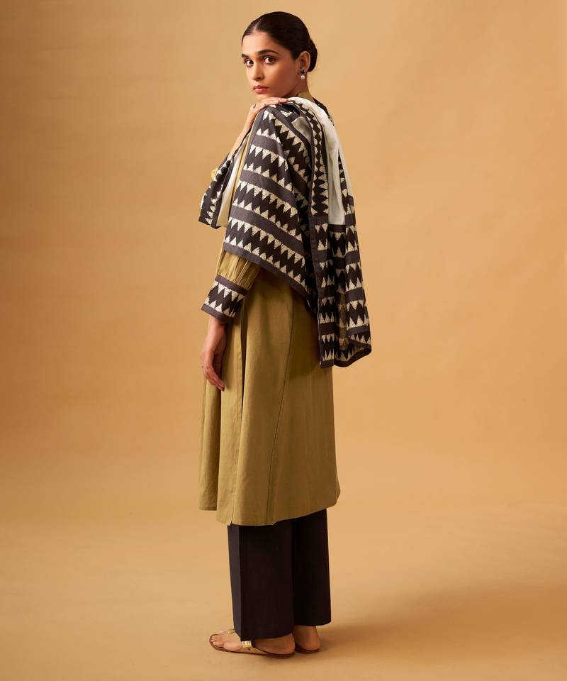 Mustard cotton suit set with embroidered yoke & printed dupatta