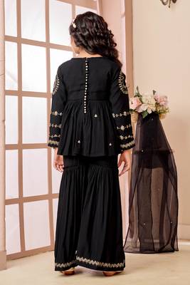 Black zari work art silk a line kids salwar suits 4