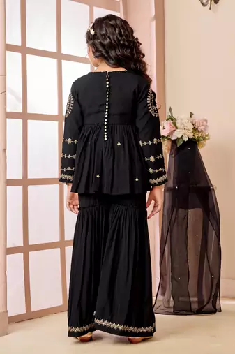 Black zari work art silk a line kids salwar suits