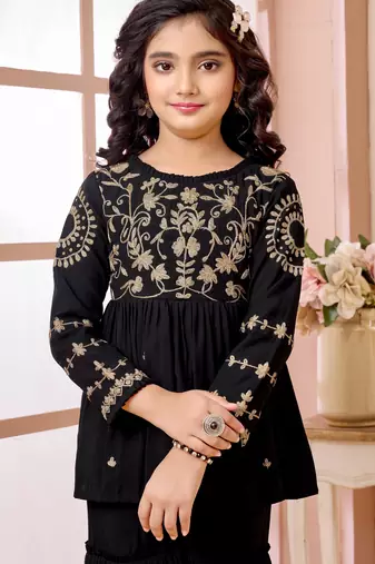 Black zari work art silk a line kids salwar suits