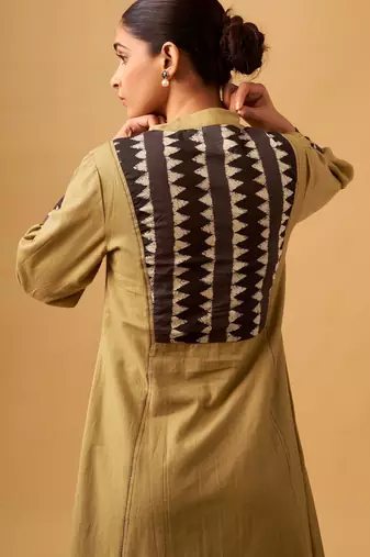 Mustard cotton suit set with embroidered yoke & printed dupatta