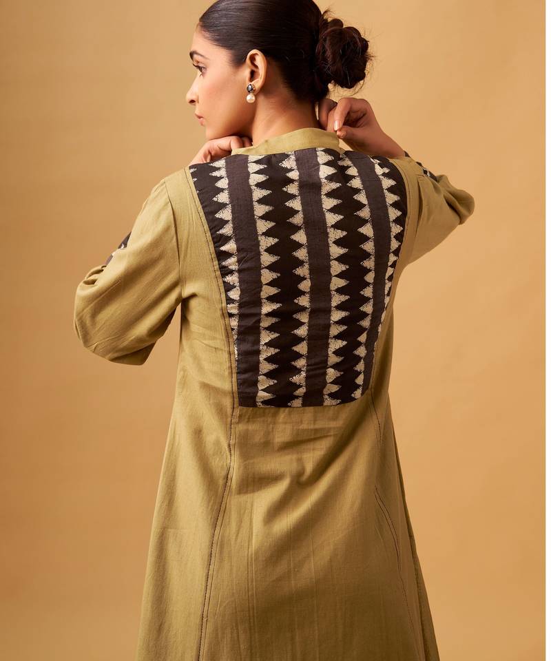 Mustard cotton suit set with embroidered yoke & printed dupatta